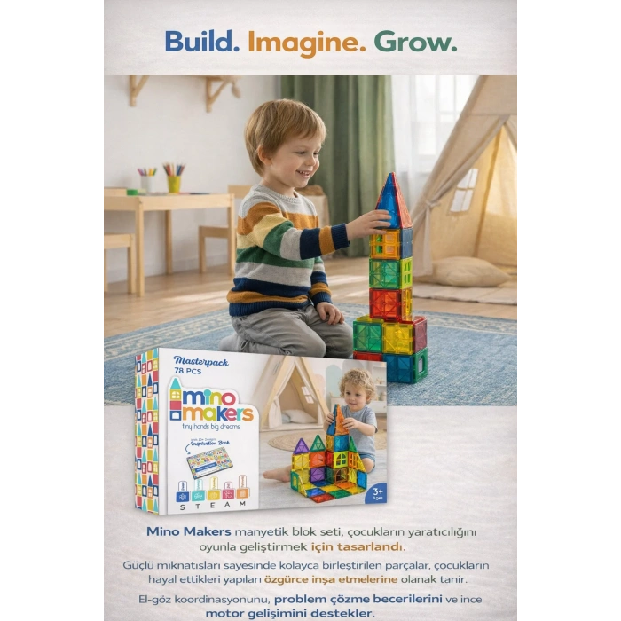 Manyetik Yapı Blokları 78 Parça - Çocuklar İçin 3 Boyutlu Renkli Mınatıslı Manyetik Blok