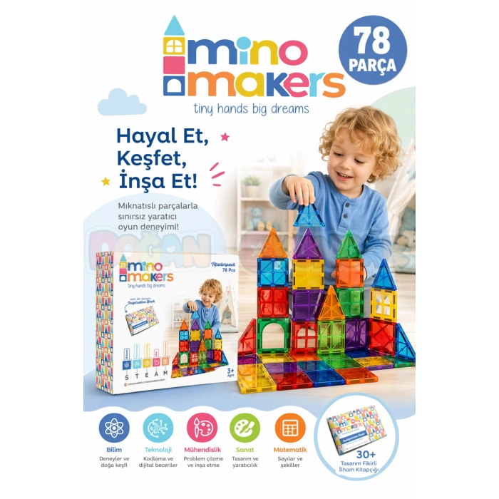 Manyetik Yapı Blokları 78 Parça - Çocuklar İçin 3 Boyutlu Renkli Mınatıslı Manyetik Blok