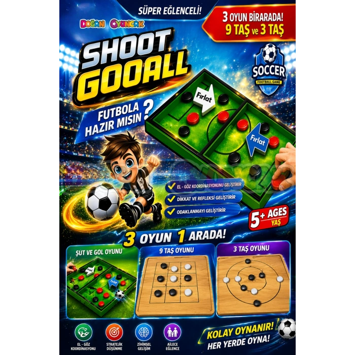Ahşap Şut ve Gol Oyunu + 9 Taş ve 3 Taş Oyunu - Shoot Gool Oyunu - Fast Finger Oyunu