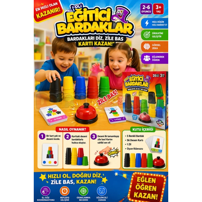 Eğitici Bardaklar Oyunu - Akıl ve Zeka Oyunu - Hızlı Bardaklar Oyunu - Moli Pratik Bardaklar Oyunu