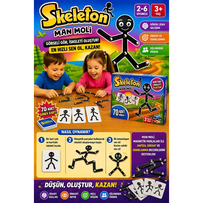 Çöp Adam Skeleton Man - Moli Kutu Oyunu Hafıza Dikkat Ve Beceri Oyunu Montessori Eğitici Oyuncak
