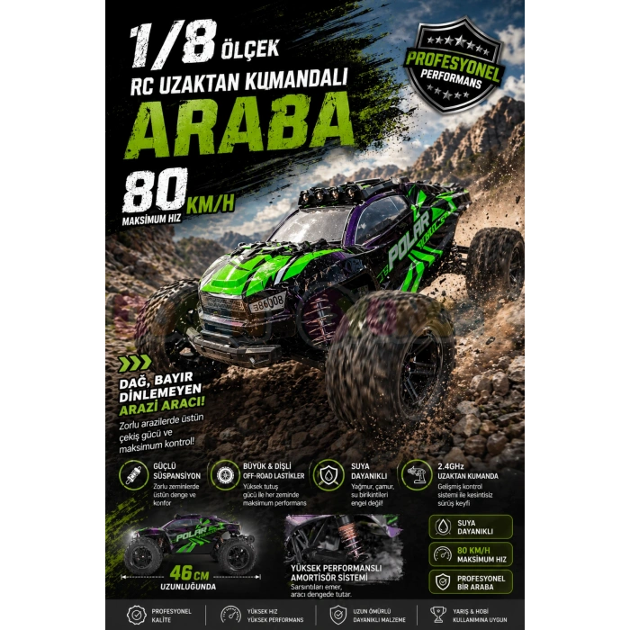 Polar Lights 80 Km/h Uzaktan Kumandalı Araba - Profosyonel Süspansiyonlu Hızlı Araba