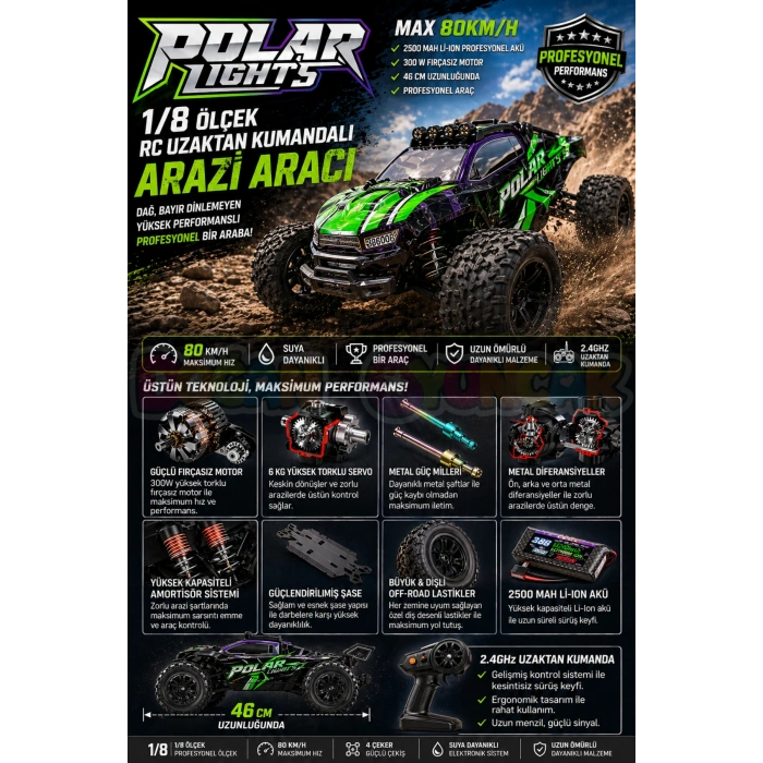 Polar Lights 80 Km/h Uzaktan Kumandalı Araba - Profosyonel Süspansiyonlu Hızlı Araba