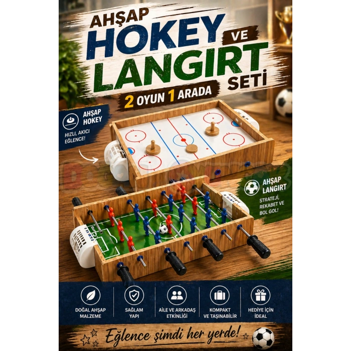Ahşap Hokey ve Ahşap Langırt Seti - Ahşap Oyuncak - Futbol Oyuncakları - Top Oyuncak Langırt Setleri - Langırt Oyuncakları