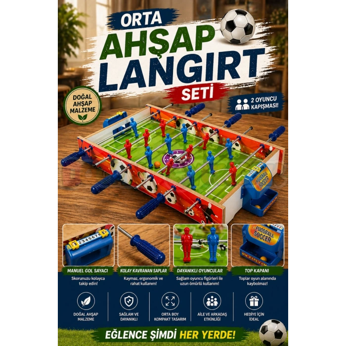 Orta Ahşap Langırt Seti - Ahşap Oyuncak - Futbol Oyuncakları - Top Oyuncak Langırt Setleri - Langırt Oyuncakları - Ahşap Masa Oyunu