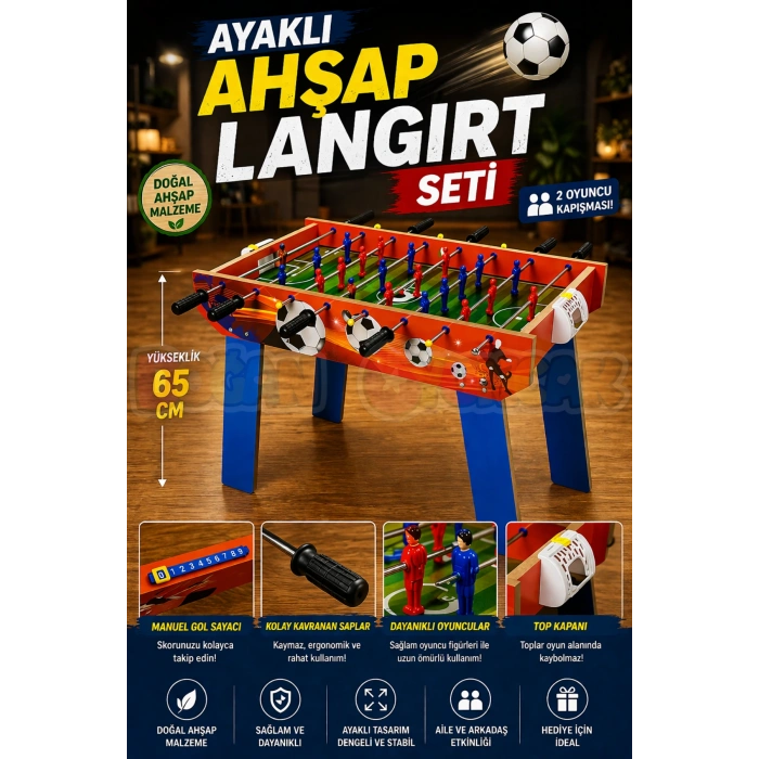 Ayaklı Ahşap Langırt Seti - Ahşap Oyuncak - Futbol Oyuncakları - Top Oyuncak Langırt Setleri - Langırt Oyuncakları - Ahşap Masa Oyunu