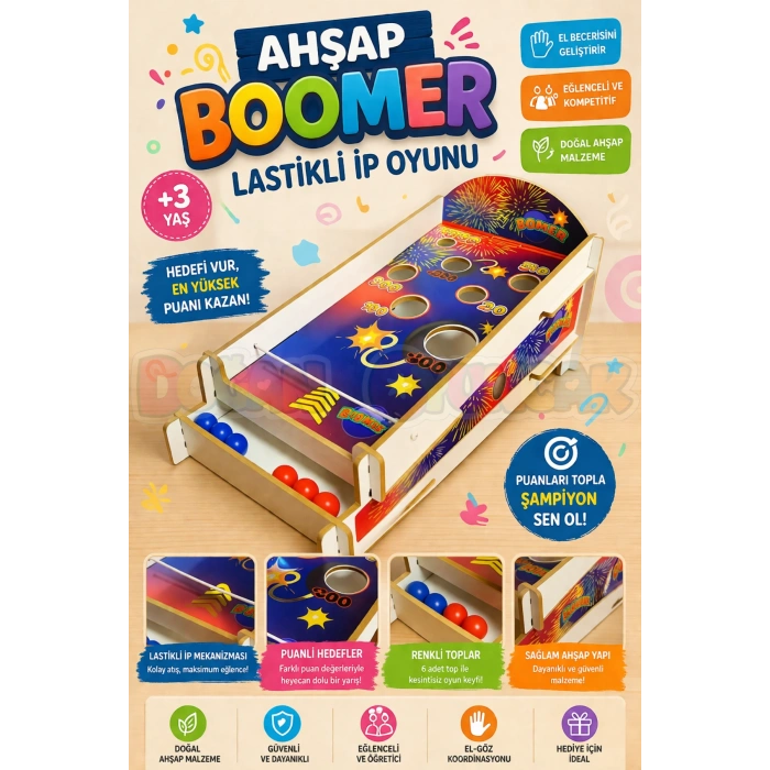 Ahşap Boomer Lastikli İp Oyunu - Pinball Oyunu - Deliğe Top Atma Oyunu - Pinbal Ahşap Oyuncak - Boomer Finger Oyunu
