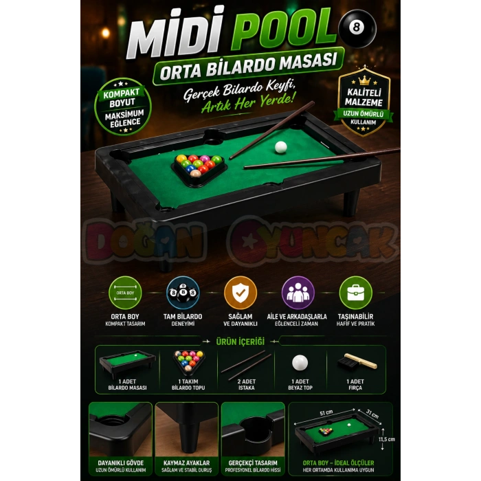 Midi Pool Orta Bilardo Masası - Bilardo Maçı - Bilardo Oyuncak - 8 Ball Oyunu - Büyük Bilardo Seti - Bilardo Oyuncağı