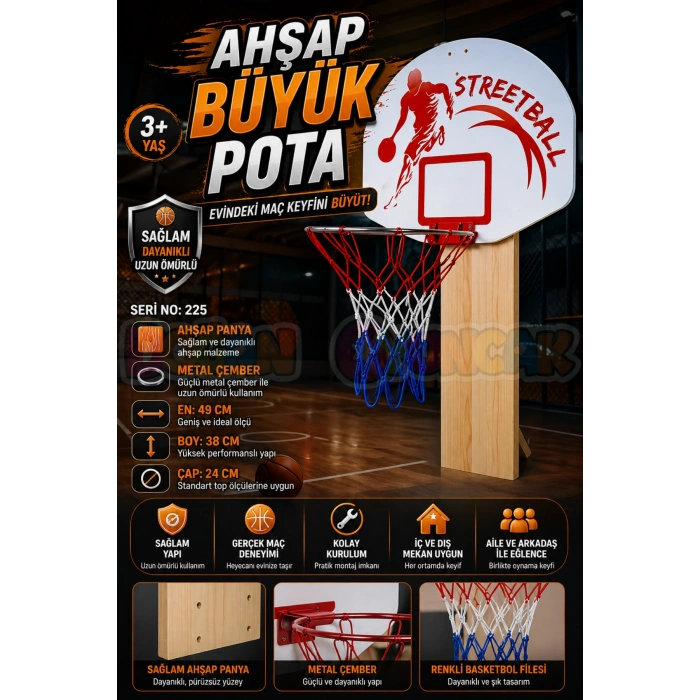 Ahşap Büyük Pota - Basketbol Maçı - Basketbol Oyuncak - Basket Oyunu - Büyük Pota Seti - Pota Oyuncağı