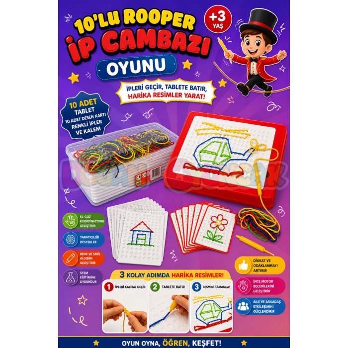 10lu Rooper İp Cambazı Oyunu - Oyuncak İp Geçirme - Resim Oyunu Rooper Oyunu - Anaokulu Oyuncak