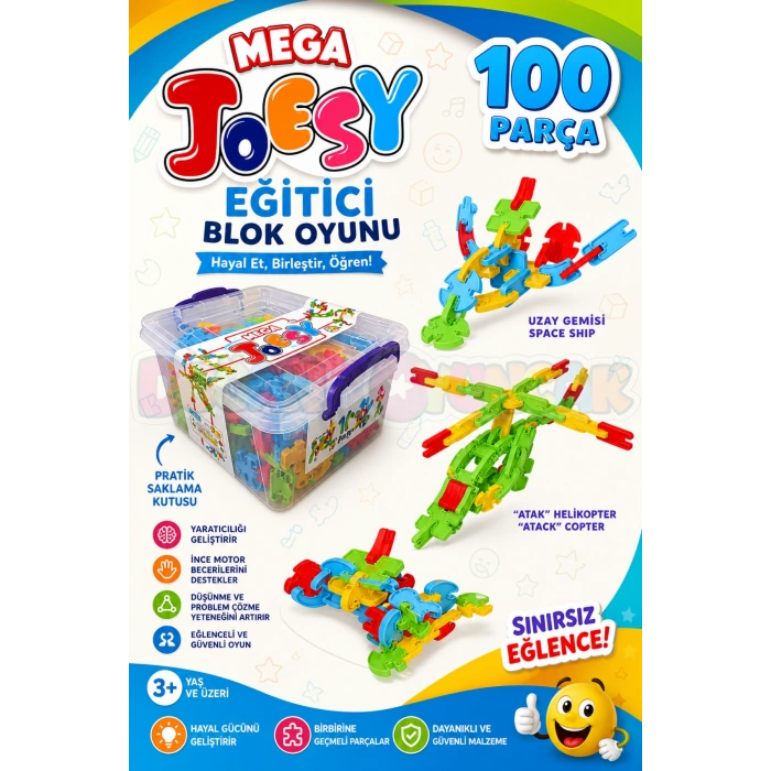 Mega Joesy Eğitici Blok Oyunu 100 Parça - Oyuncak Lego Seti - Birbirine Geçmeli STEM Lego Seti - Eğitici Oyuncak