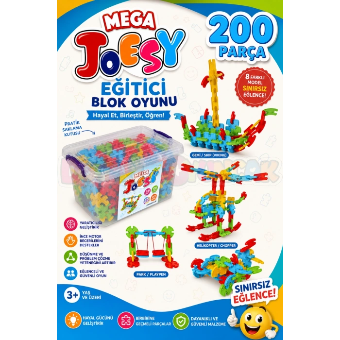 Mega Joesy Eğitici Blok Oyunu 200 Parça - Oyuncak Lego Seti - Birbirine Geçmeli STEM Lego Seti - Eğitici Oyuncak