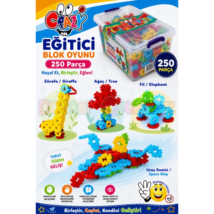 Crazy Eğitici Blok Oyunu 250 Parça - Oyuncak Lego Seti - Birbirine Geçmeli STEM Lego Seti - Eğitici Oyuncak
