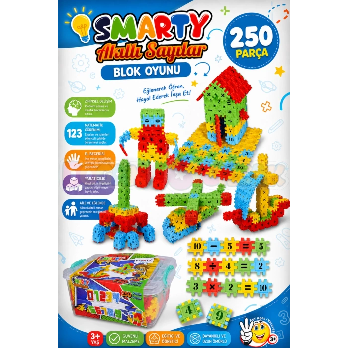 Smarty - Akıllı Sayılar Blok Oyunu 250 Parça - Oyuncak Lego Seti - Birbirine Geçmeli STEM Lego Seti - Eğitici Oyuncak