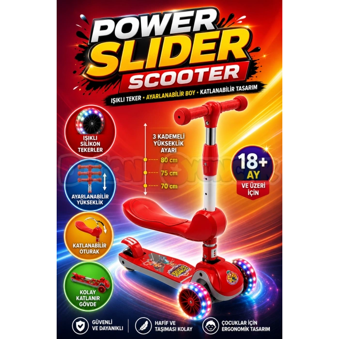 Power Slider Kırmızı Katlanabilir 3 Tekerlekli Oturaklı Scooter - Işıklı Scooter - Çocuk Scooter