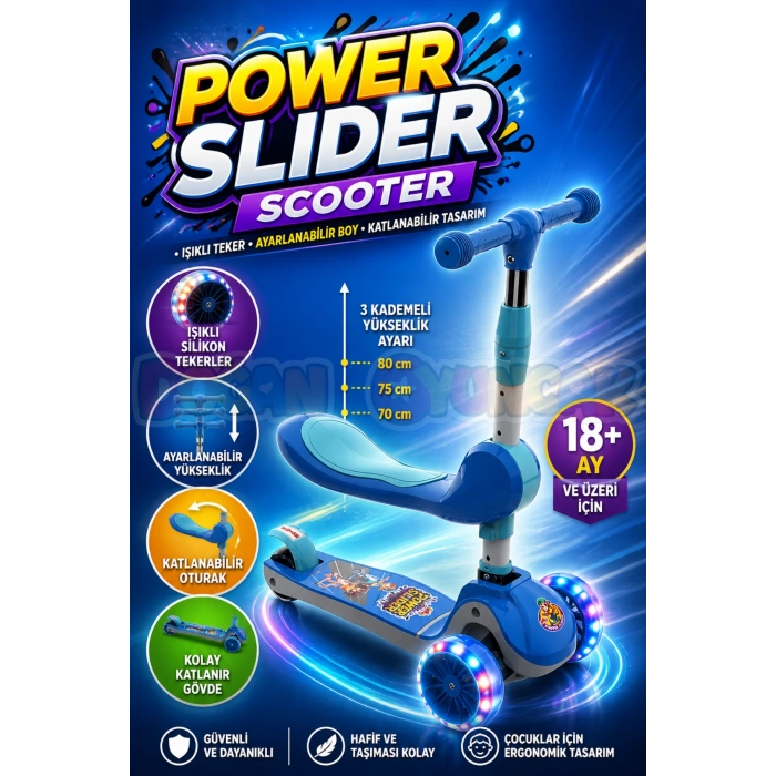 Power Slider Mavi Katlanabilir 3 Tekerlekli Oturaklı Scooter - Işıklı Scooter - Çocuk Scooter
