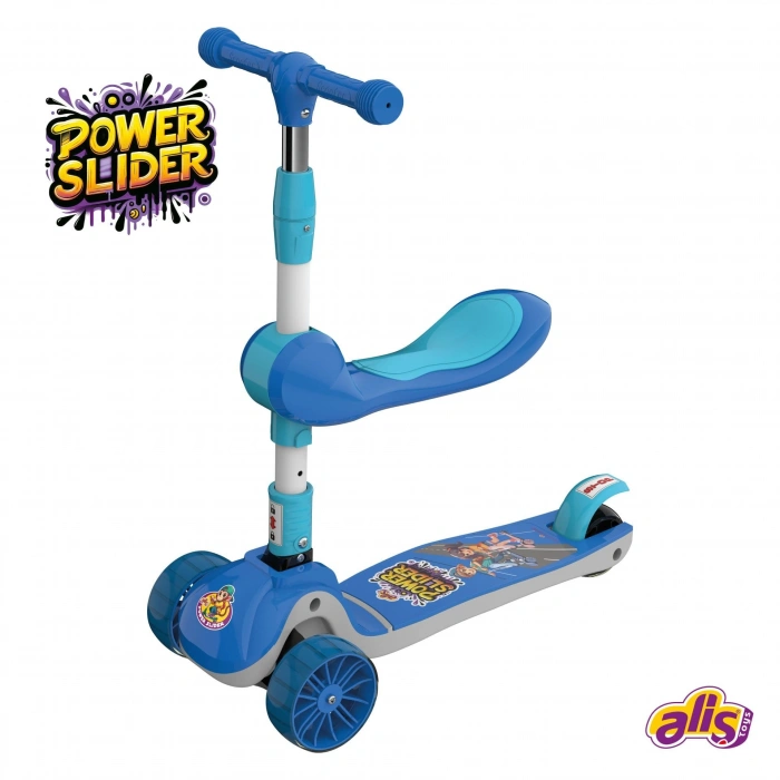 Power Slider Mavi Katlanabilir 3 Tekerlekli Oturaklı Scooter - Işıklı Scooter - Çocuk Scooter