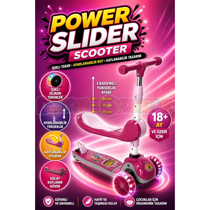 Power Slider Pembe Katlanabilir 3 Tekerlekli Oturaklı Scooter - Işıklı Scooter - Çocuk Scooter