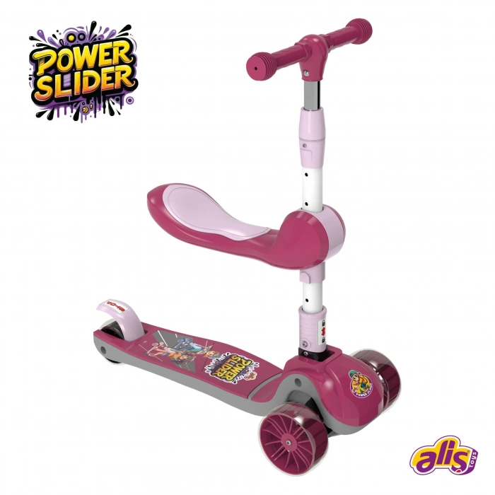 Power Slider Pembe Katlanabilir 3 Tekerlekli Oturaklı Scooter - Işıklı Scooter - Çocuk Scooter