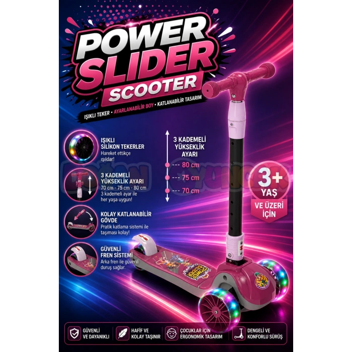 Power Slider Pembe Katlanabilir 3 Tekerlekli Scooter - Işıklı Scooter - Çocuk Scooter - Slikon Teker