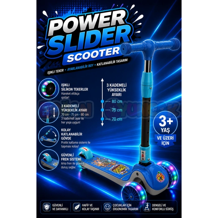 Power Slider Mavi Katlanabilir 3 Tekerlekli Scooter - Işıklı Scooter - Çocuk Scooter - Slikon Teker