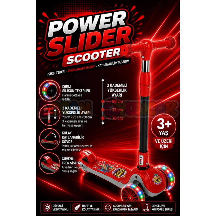 Power Slider Kırmızı Katlanabilir 3 Tekerlekli Scooter - Işıklı Scooter - Çocuk Scooter - Slikon Teker
