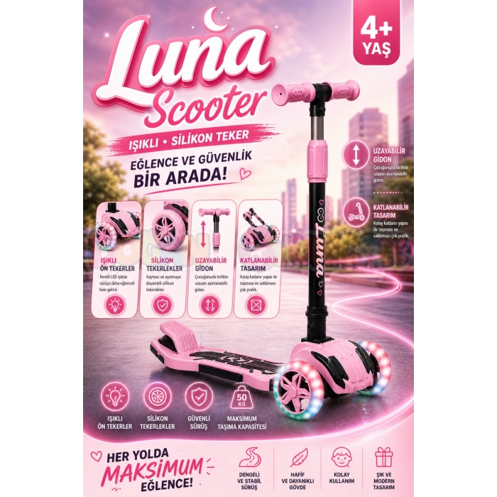Cool Wheels Pembe Luna Işıklı 3 Tekerlekli Katlanabilir Scooter - CoolWheels Scooter - Çocuk Scooter