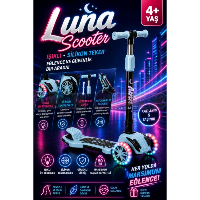 Cool Wheels Mavi Luna Işıklı 3 Tekerlekli Katlanabilir Scooter - CoolWheels Scooter - Çocuk Scooter