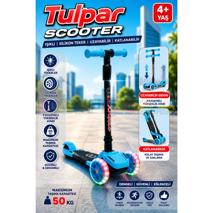Cool Wheels Mavi Tulpar Işıklı 3 Tekerlekli Katlanabilir Scooter - CoolWheels Scooter - Çocuk Scooter