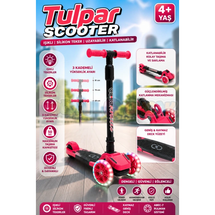 Cool Wheels Pembe Tulpar Işıklı 3 Tekerlekli Katlanabilir Scooter - CoolWheels Scooter - Çocuk Scooter