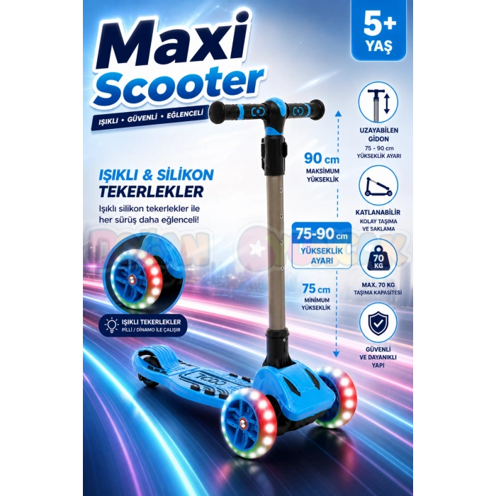Cool Wheels Mavi Maxi Işıklı 3 Tekerlekli Katlanabilir Scooter - CoolWheels Scooter - Çocuk Scooter