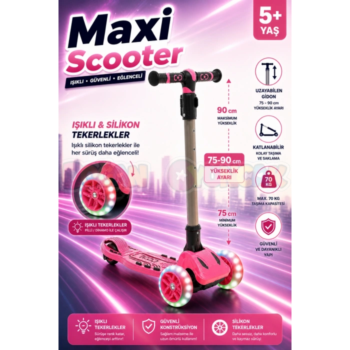 Cool Wheels Pembe Maxi Işıklı 3 Tekerlekli Katlanabilir Scooter - CoolWheels Scooter - Çocuk Scooter
