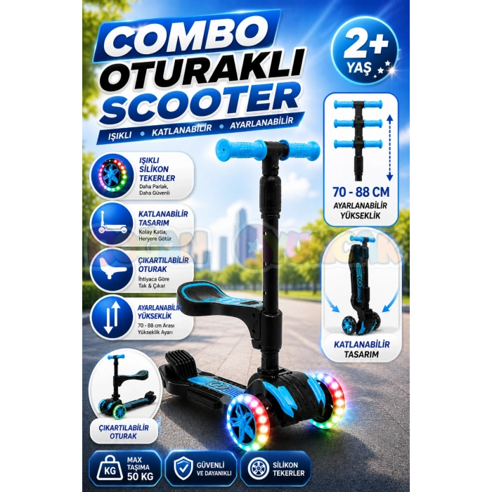 Cool Wheels Oturaklı Mavi Combo Işıklı 3 Tekerlekli Katlanabilir Scooter - CoolWheels Scooter - Çocuk Scooter