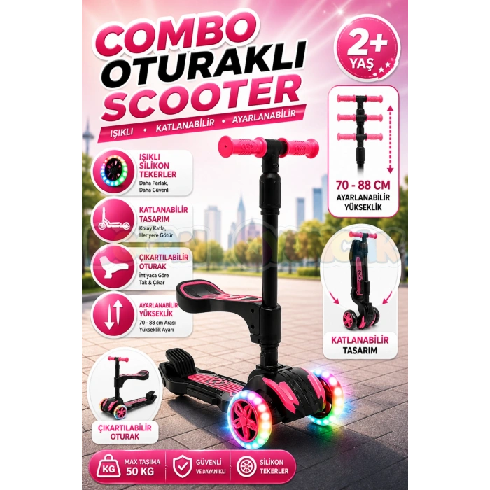 Cool Wheels Oturaklı Pembe Combo Işıklı 3 Tekerlekli Katlanabilir Scooter - CoolWheels Scooter - Çocuk Scooter