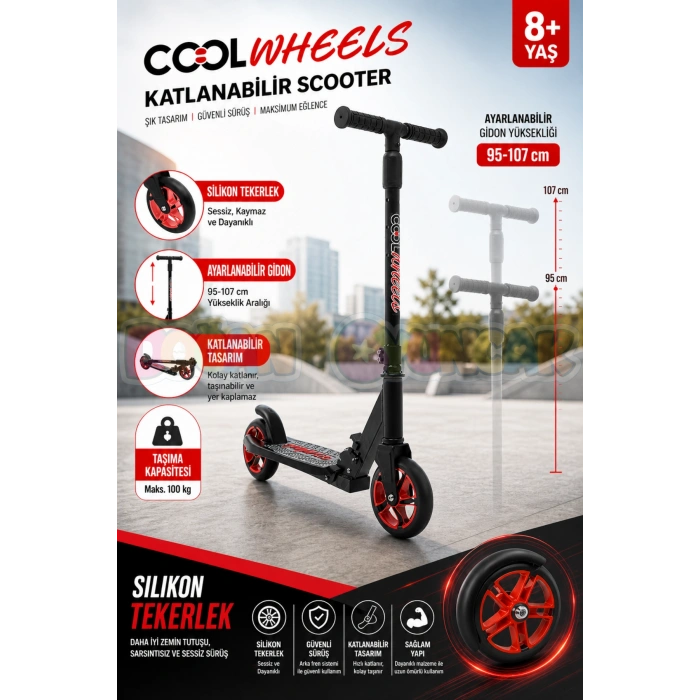 Cool Wheels 8+ Yaş Kırmızı 2 Tekerlekli Katlanabilir Scooter - CoolWheels Scooter - Çocuk Scooter