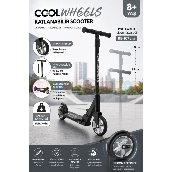 Cool Wheels 8+ Yaş Gri 2 Tekerlekli Katlanabilir Scooter - CoolWheels Scooter - Çocuk Scooter