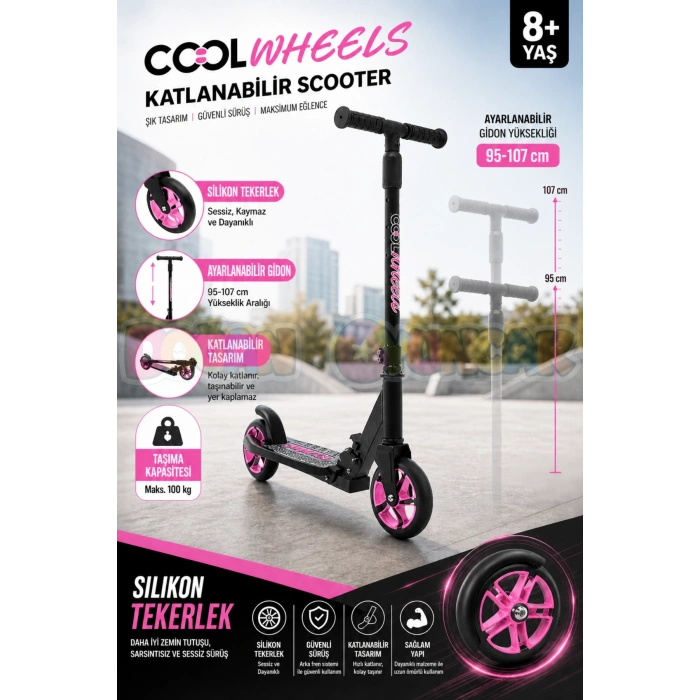 Cool Wheels 8+ Yaş Pembe 2 Tekerlekli Katlanabilir Scooter - CoolWheels Scooter - Çocuk Scooter
