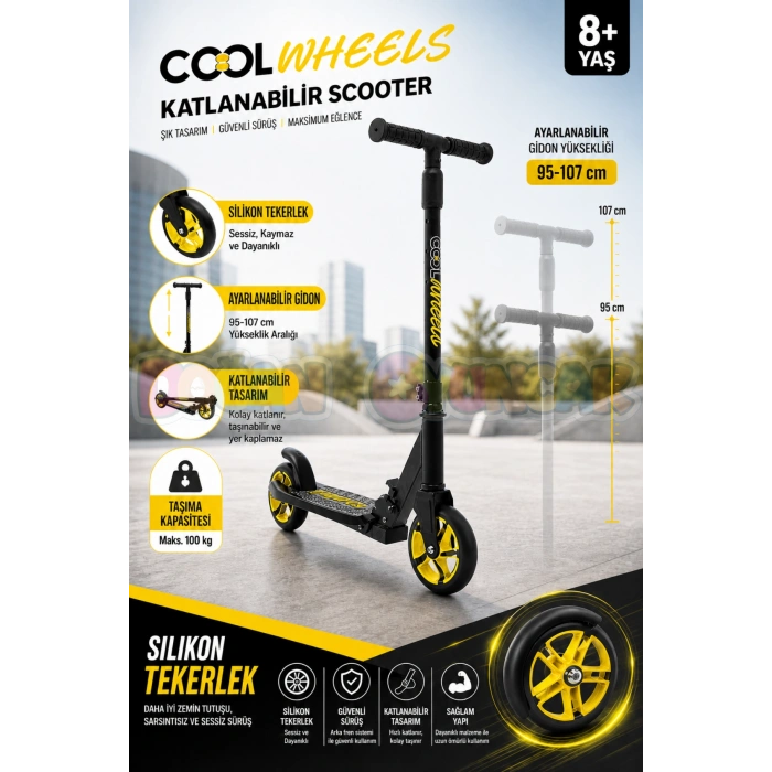 Cool Wheels 8+ Yaş Sarı 2 Tekerlekli Katlanabilir Scooter - CoolWheels Scooter - Çocuk Scooter