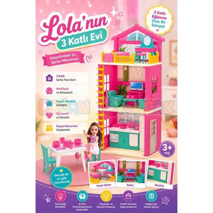 Lolanın 3 Katlı Evi - Ev Oyuncak - Lolanın 3 Katlı Ev Seti - Barbie Ev Seti
