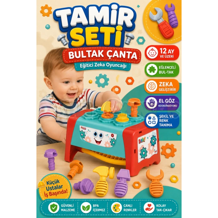 Tamir Seti Bultak Çanta - Tak-Çak Oyuncak - Bebek Oyuncağı - Çekiç Tamir Seti