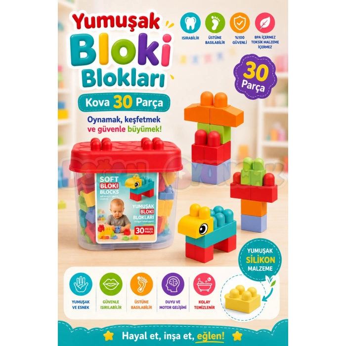 Yumuşak Bloki Blokları Kova 30 Parça - Büyük Yumuşak Bloklar - Büyük Soft Lego Oyuncakları