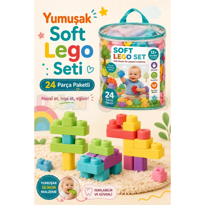 Yumuşak Soft Lego Seti 24 Parça Paketli - Büyük Yumuşak Bloklar - Büyük Soft Lego Oyuncakları - Yumuşak Lego - Soft Lego