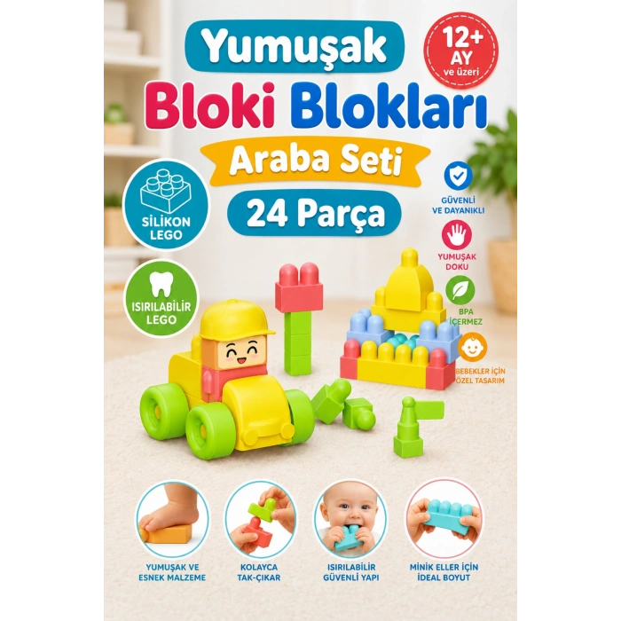 Yumuşak Bloki Blokları Araba Seti 24 Parça - Büyük Yumuşak Bloklar - Büyük Soft Lego Oyuncakları