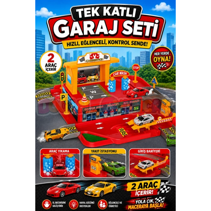 Tek Katlı Garaj Seti - Otopark Seti - Araba Seti - Araç Seti - Araba Oyunu - Tek Garaj