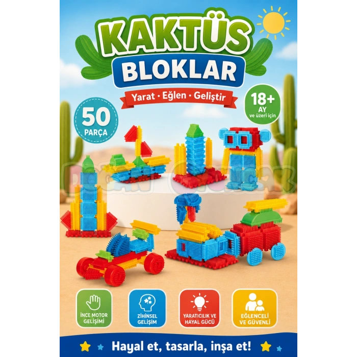 Kaktüs Bloklar (50 Parça) - Kaktüs Oyuncak - Lego Seti - Kaktüs Lego - Taraklı Lego Eğitici Lego Seti