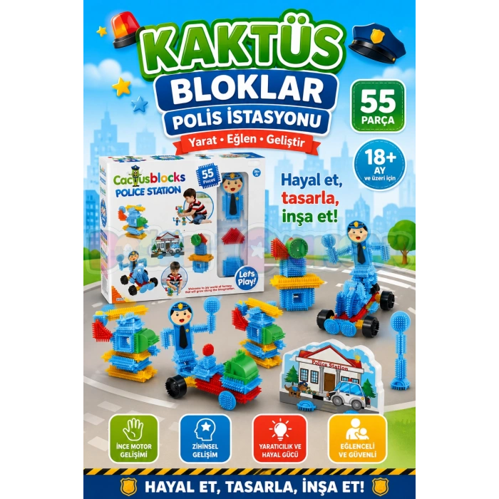 Polis Kaktüs Bloklar (55 Parça) - Kaktüs Oyuncak - Lego Seti - Kaktüs Lego - Taraklı Lego