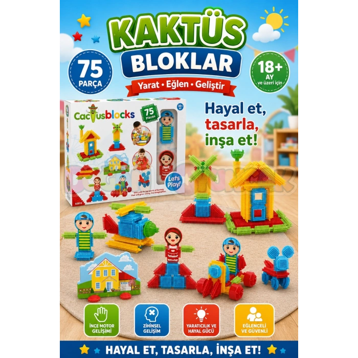 Kaktüs Bloklar (75 Parça) - Kaktüs Oyuncak - Lego Seti - Kaktüs Lego - Taraklı Lego