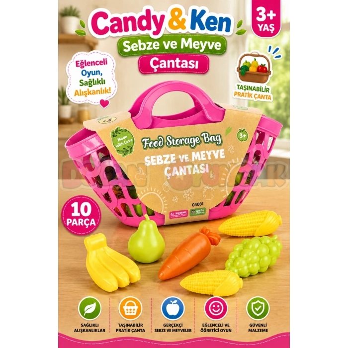 Sebze ve Meyve Çantası Pembe - Meyve Sebze Sepeti - Piknik Sepeti Oyuncak Meyveler - Oyuncak Sebzeler - Mutfak Oyuncakları