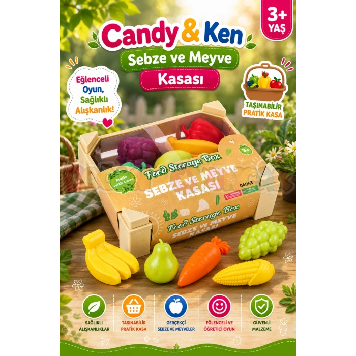 Sebze ve Meyve Kasası - Meyve Sebze Sepeti - Piknik Sepeti Oyuncak Meyveler - Oyuncak Sebzeler - Mutfak Oyuncakları