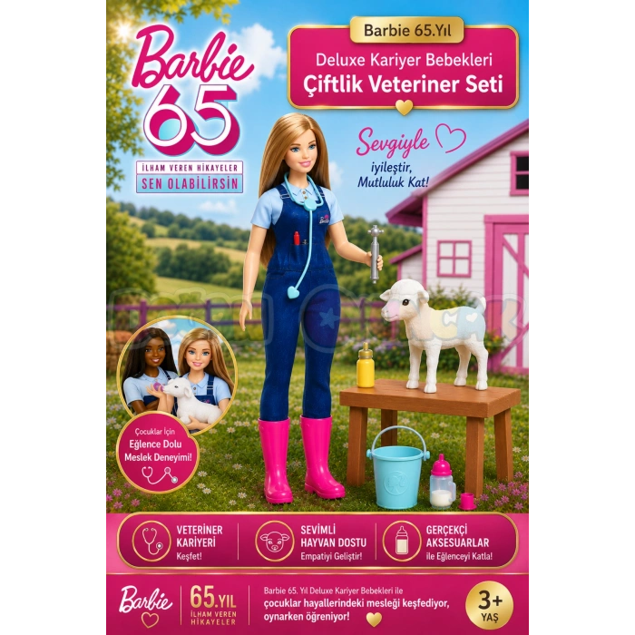 Barbie 65.Yıl Deluxe Kariyer Bebekleri - Çiflik Veteriner Seti HRG42 - Barbie Oyuncak Barbie Bebek Barbi Meslek